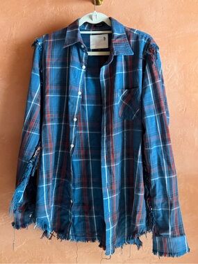 R13 Shredded Seam Shirt Blue Plaid Japanese Fabric Medium
